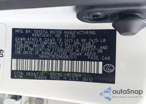 2021 Lexus Es 350 F Sport из США, поврежденный, VIN 58AGZ1B12MU082512